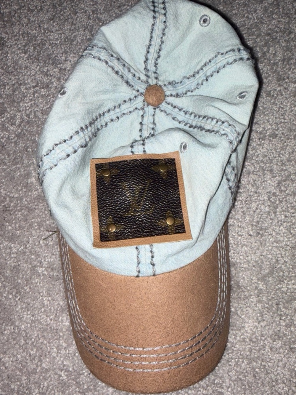Light Blue and Tan Baseball Cap with Leather Patch